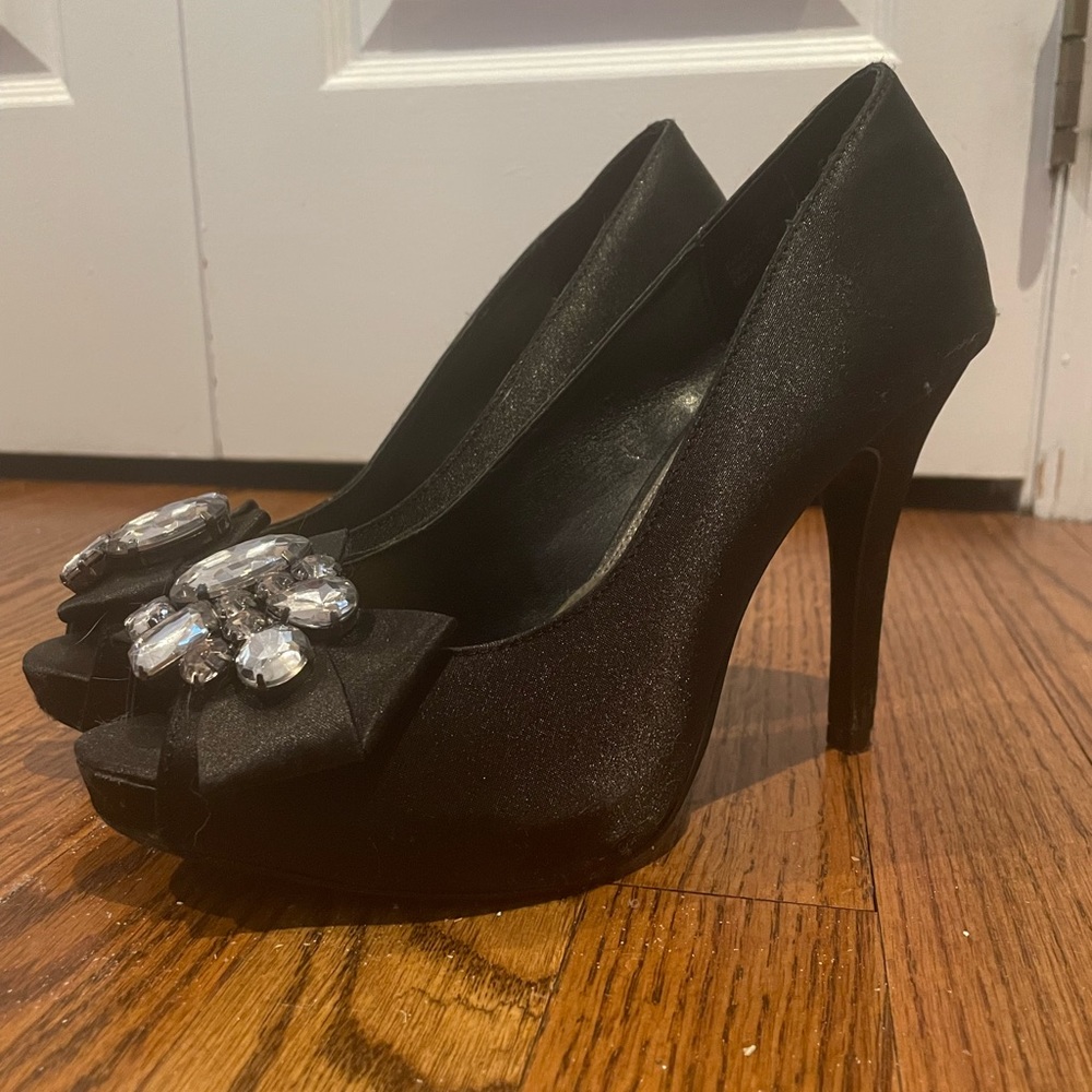 Satin Black Jeweled pumps